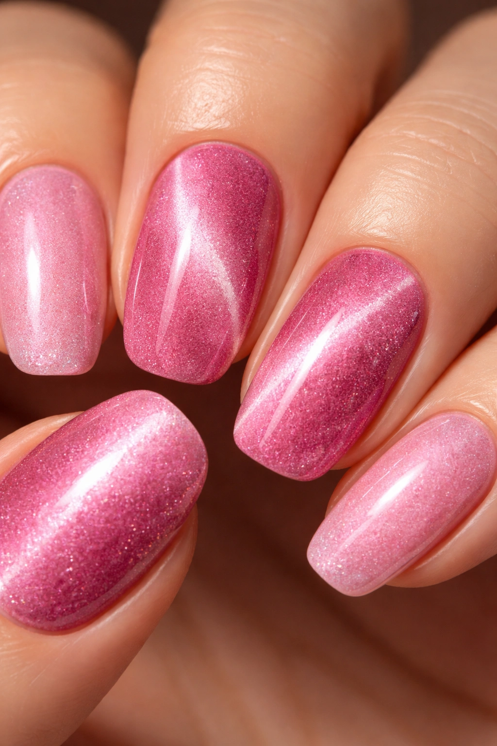 Velvet pink nails with magnetic pattern