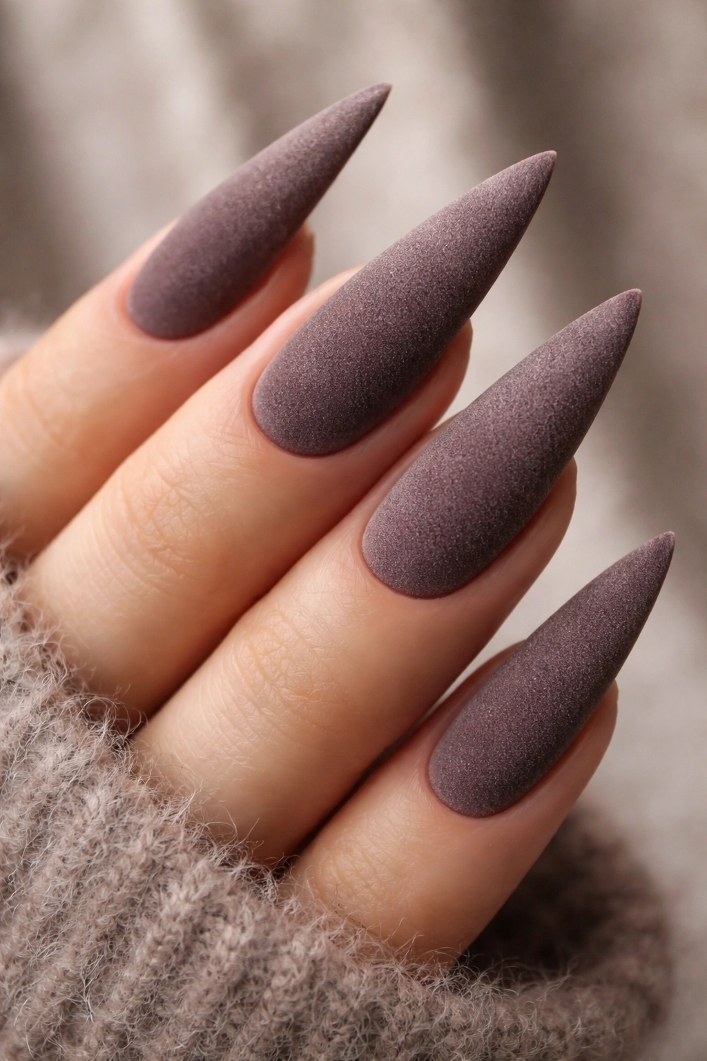 Stiletto nails with velvet matte texture in deep taupe tones