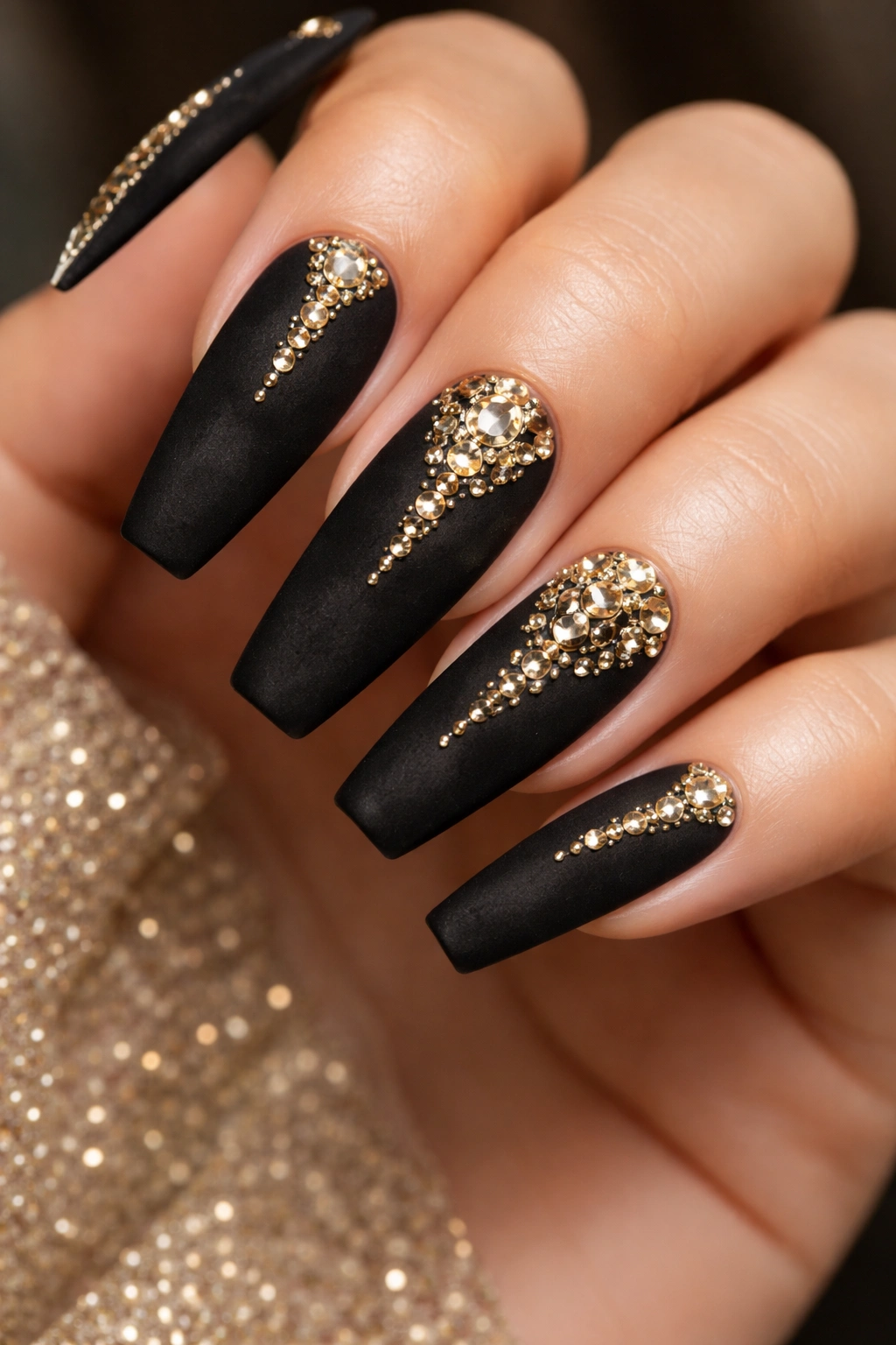 Matte black velvet nails with gold rhinestones for glam