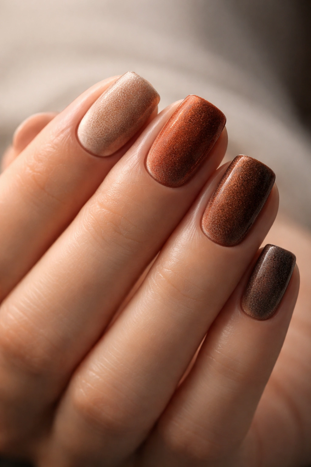 Close-up of a hand with short squoval velvet nails in earthy tones showcasing velvet texture