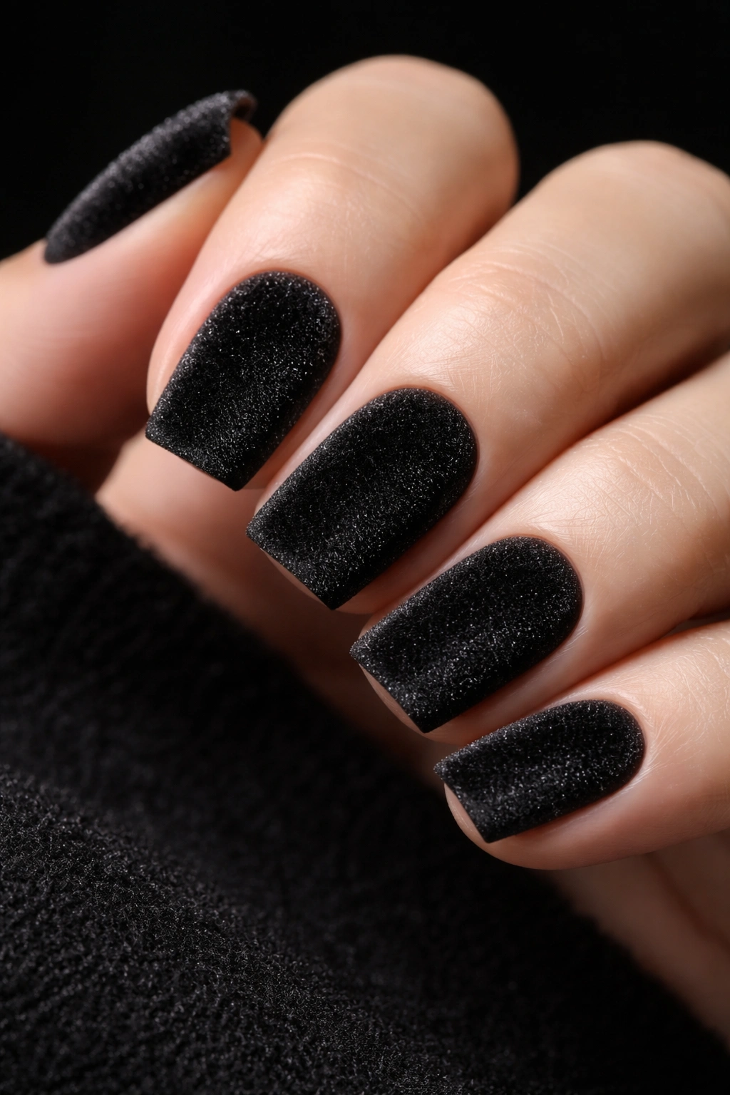 Close-up of black velvet nails showing plush fabric texture on short square nails