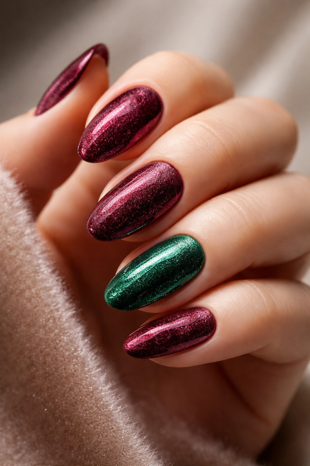 Close-up of velvet-textured burgundy and emerald nails on a hand