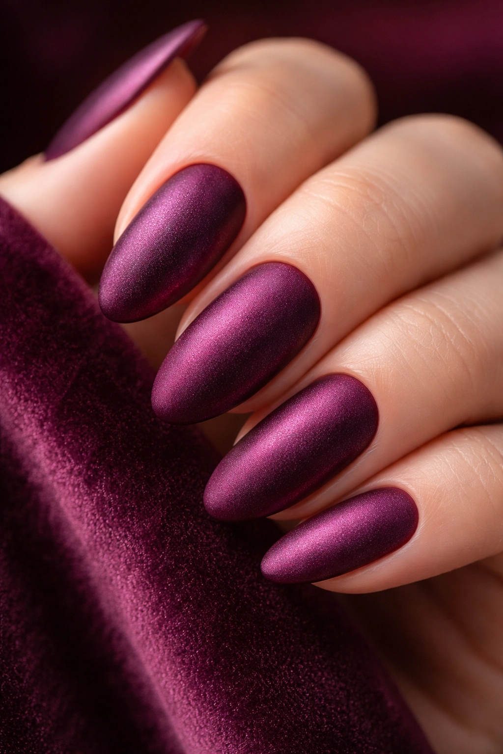 Close-up of velvet plum nails with deep purple-red matte finish in soft lighting
