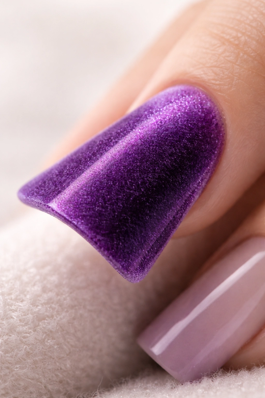 Close-up of a purple velvet duck nail with plush texture on a neutral background