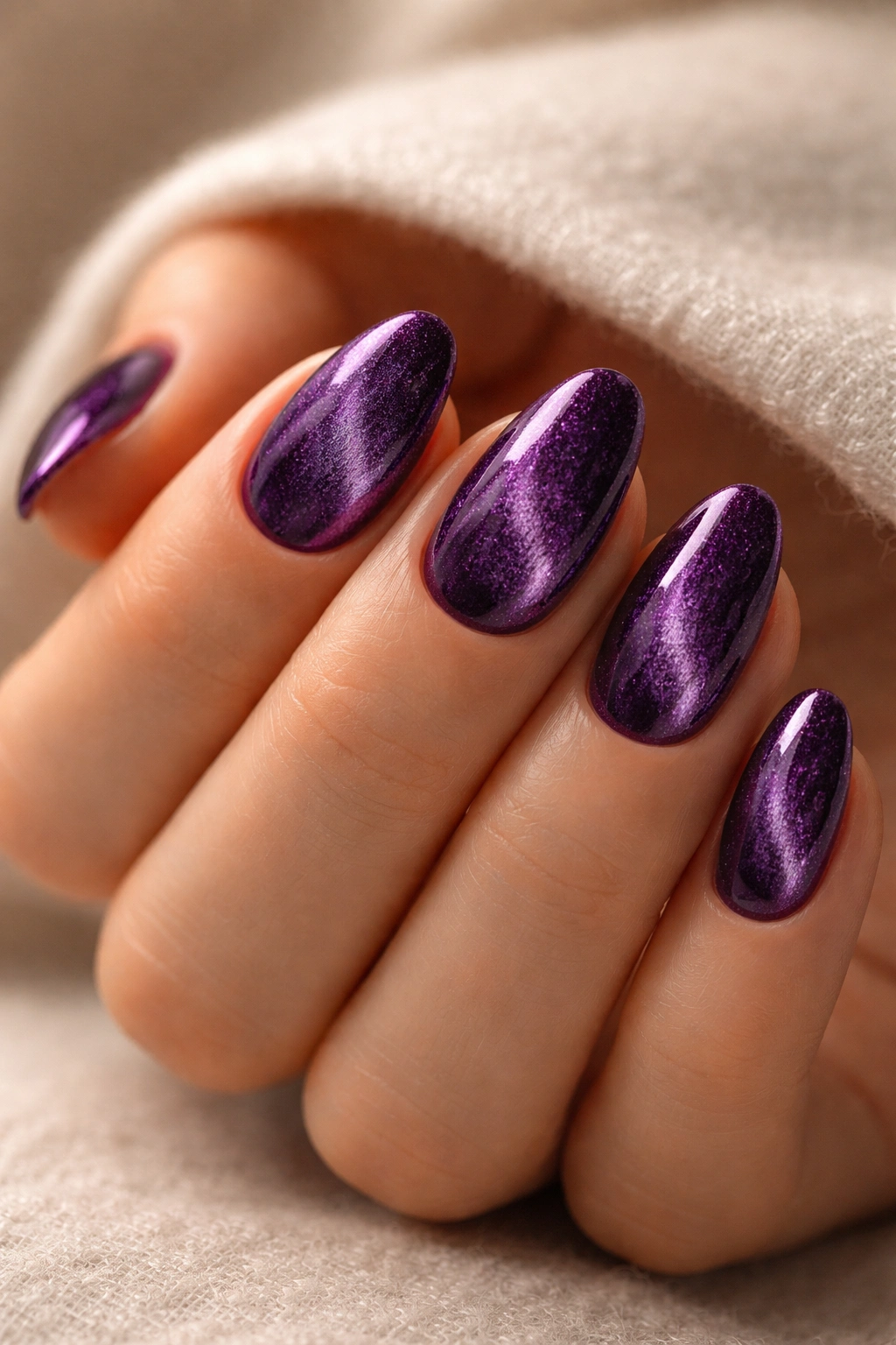 Velvet purple nails on short almond nails with fabric-like shimmer