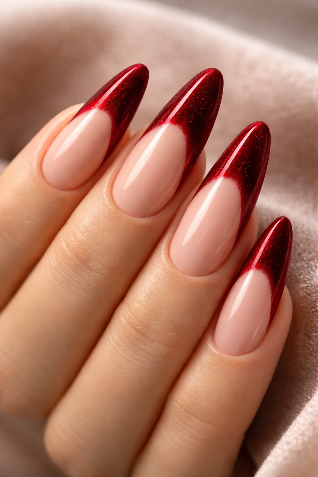 Long almond nails with deep red velvet finish tips