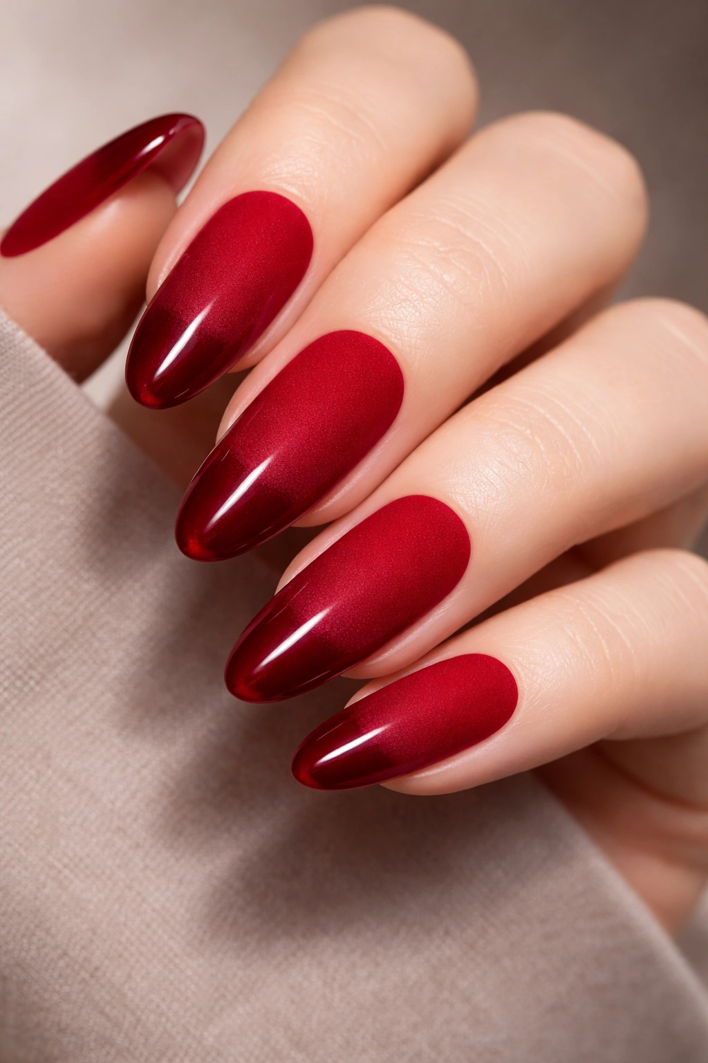 Close-up of velvet red long rounded nails with matte base and glossy tips