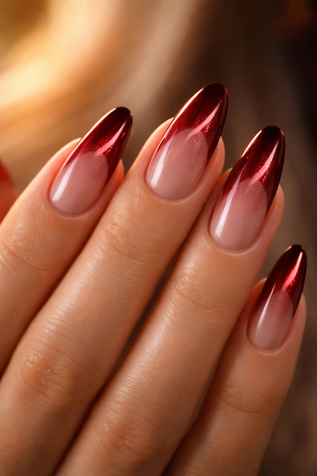 Almond nails with velvet red tips and magnetic cat-eye shimmer