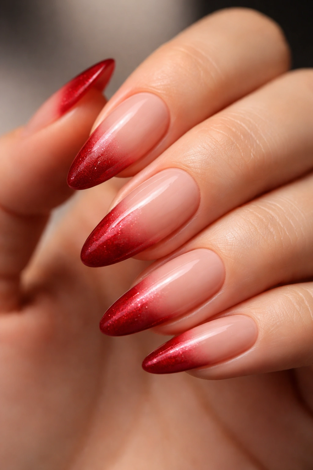 Close-up of velvet-finish red tips with subtle sparkle on almond nails