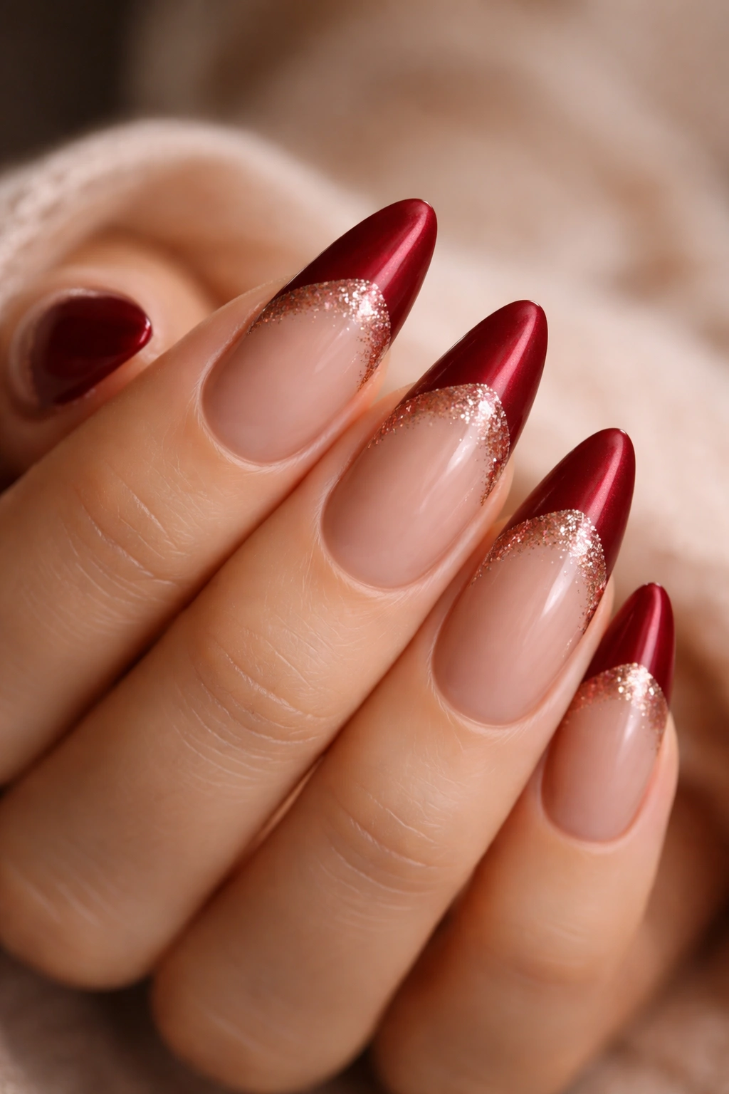 Close-up of almond nails with velvet red tips and rose gold glitter