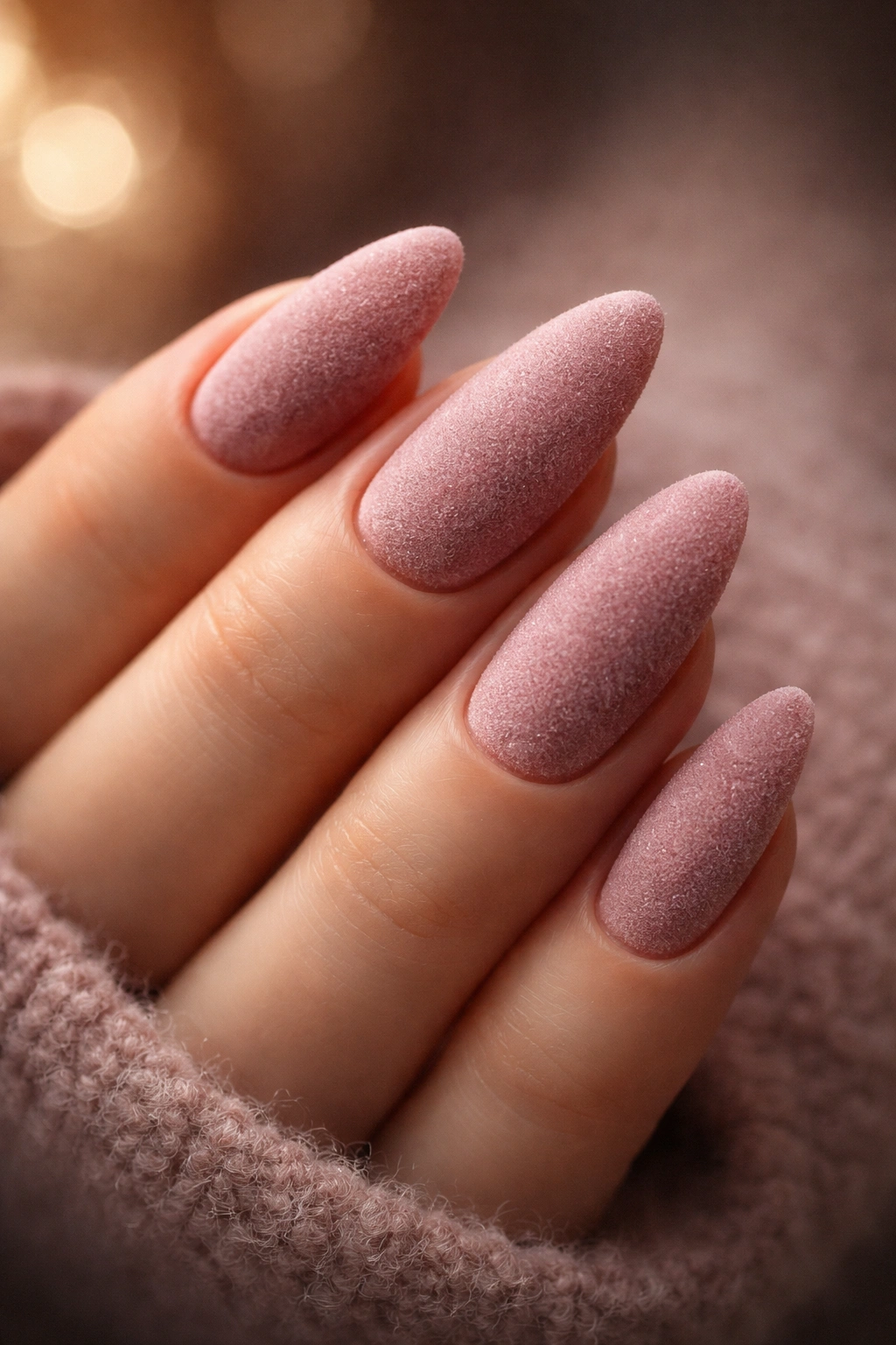 Almond nails with velvet matte finish in dusty rose