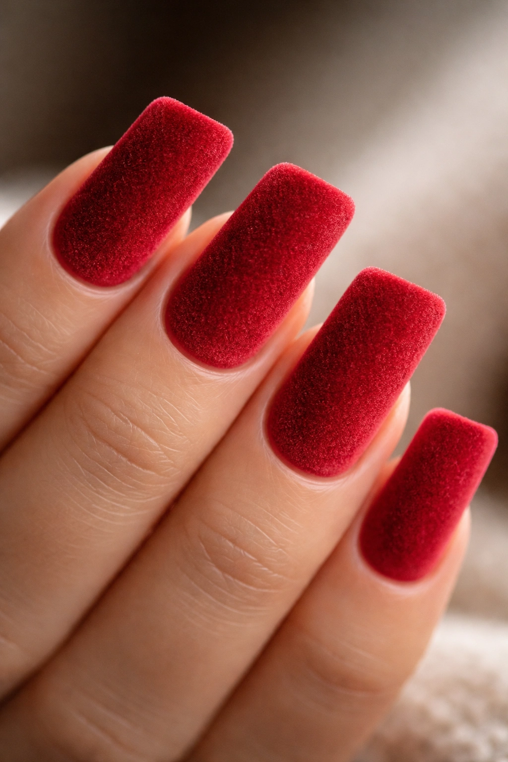 Close-up of short nails with red velvet texture showing suede-like finish