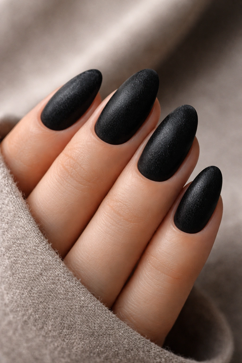 Close-up of matte black almond nails with velvet texture