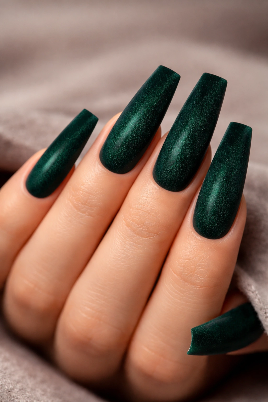 Velvet textured coffin nails on a bare hand