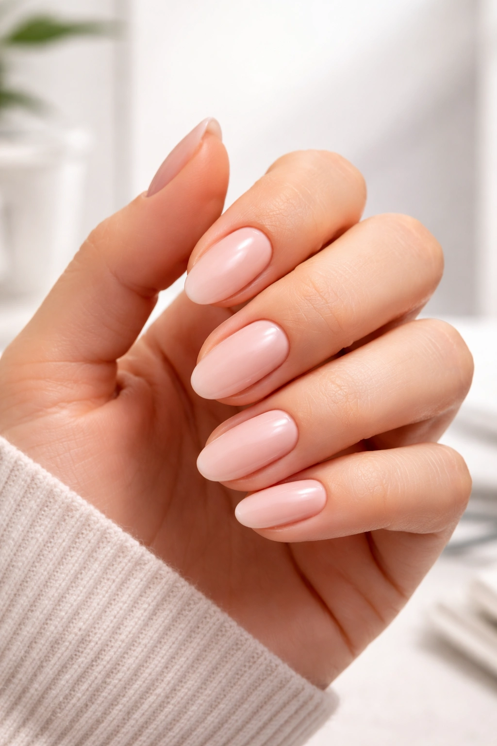 Hand with short almond nails in a practical pose