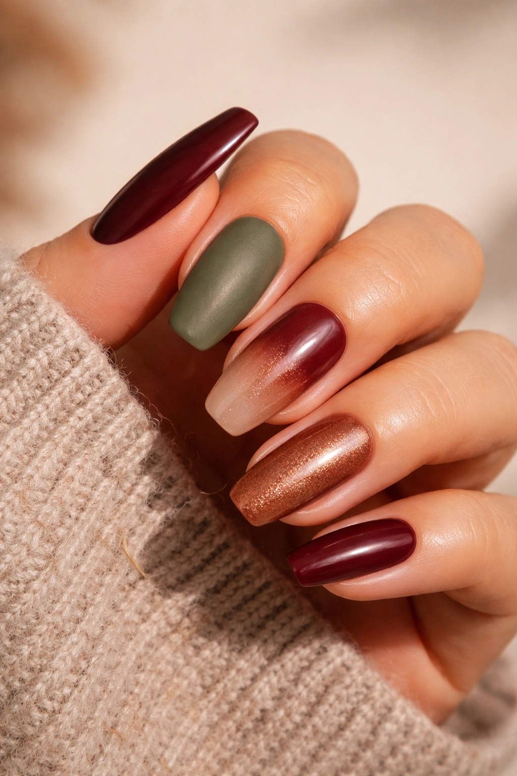 Versatile September manicure with burgundy and green tones and mixed finishes