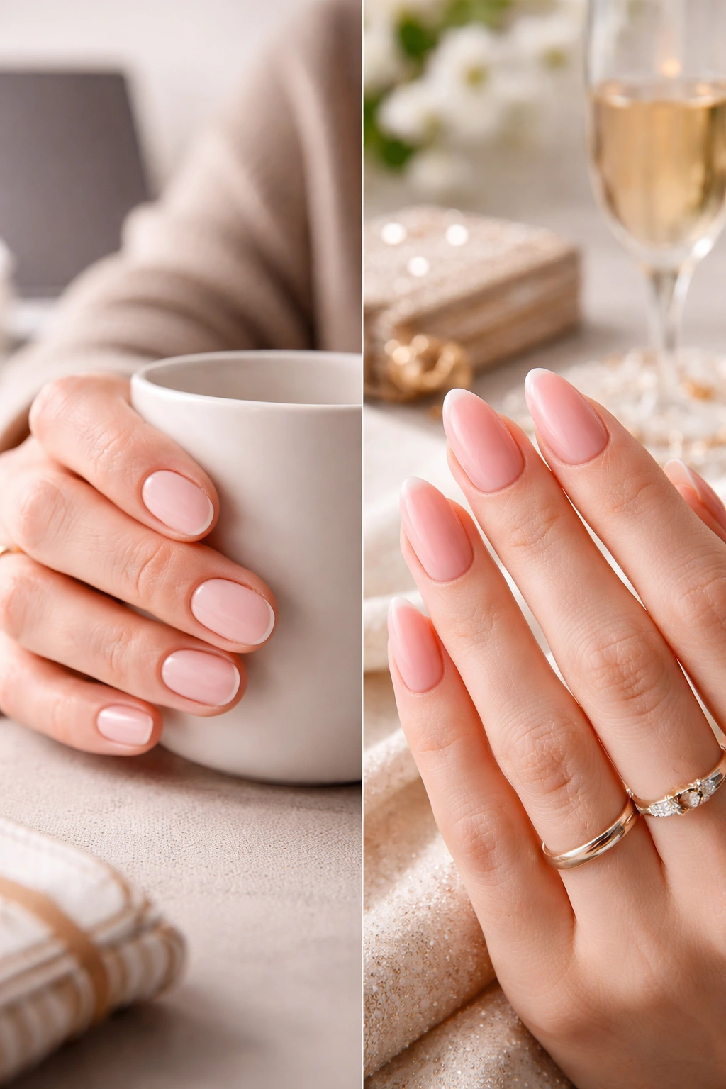 Two hands showing round nails and almond nails side-by-side for versatility