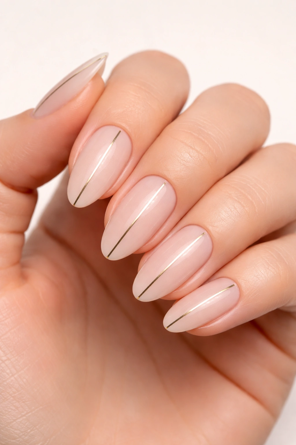 Nails with thin vertical metallic lines on a nude base