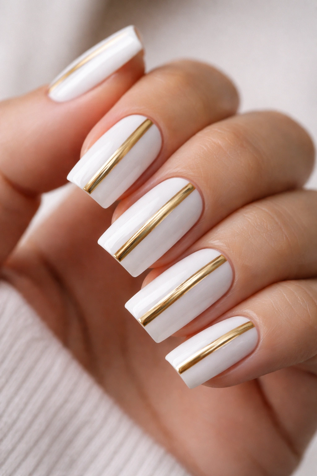 Close-up of white nails with vertical gold stripes and negative space