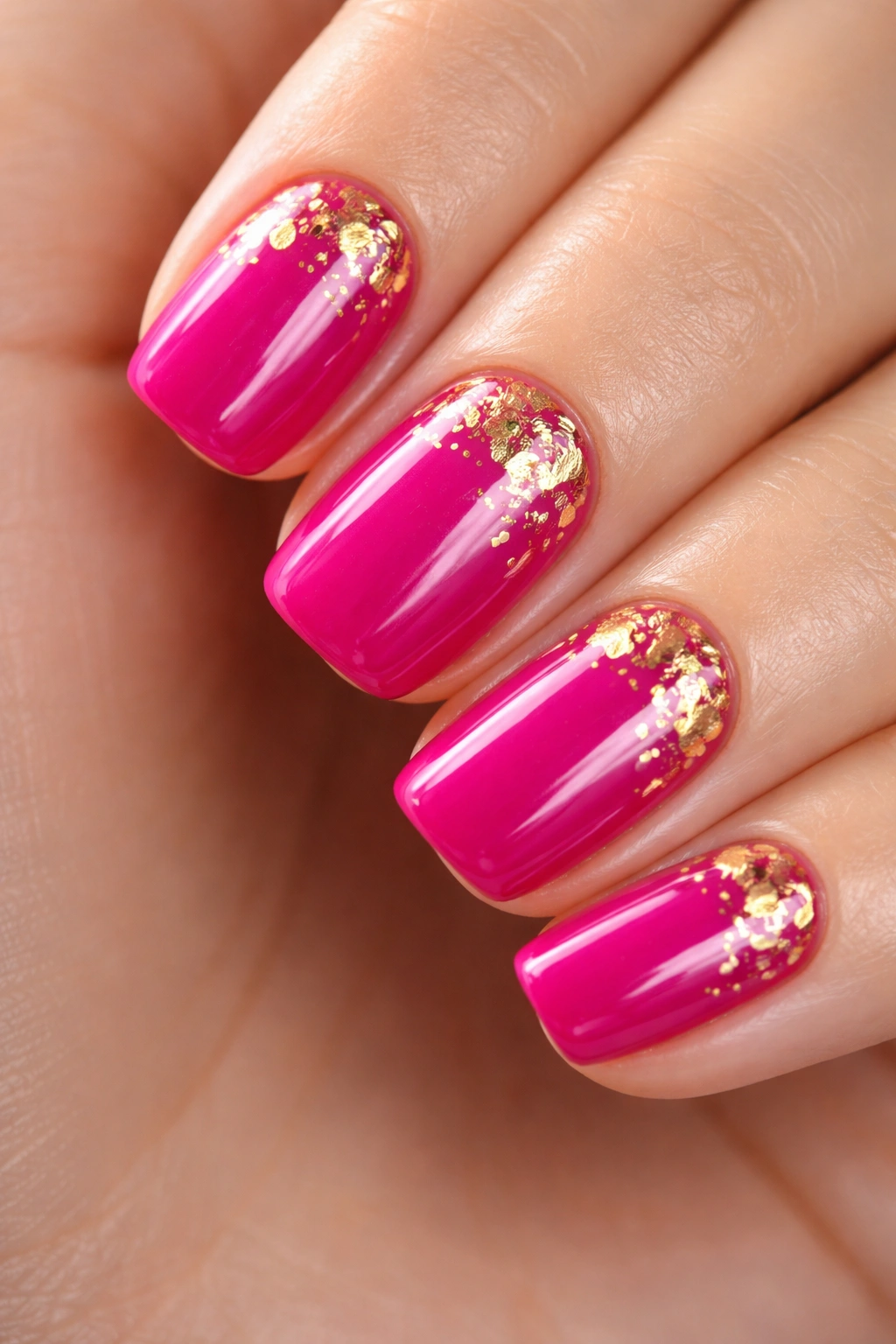 Vibrant fuchsia nails with gold foil accents on short squoval nails