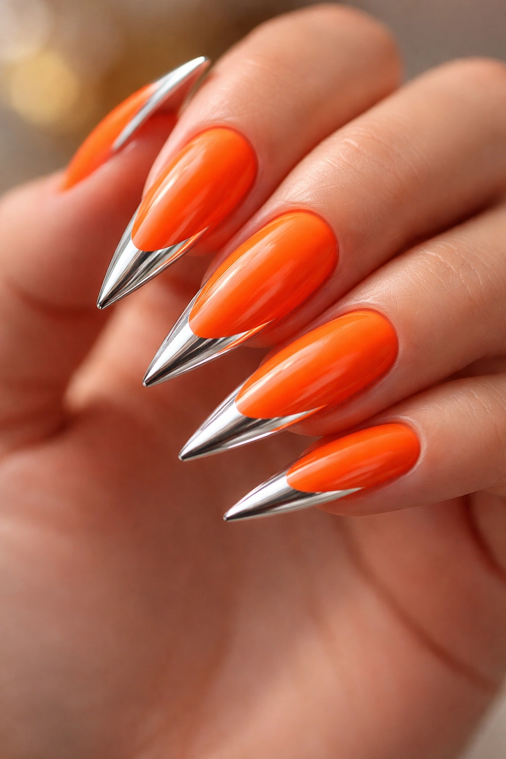 Close-up of vibrant orange stiletto nails with chrome tips