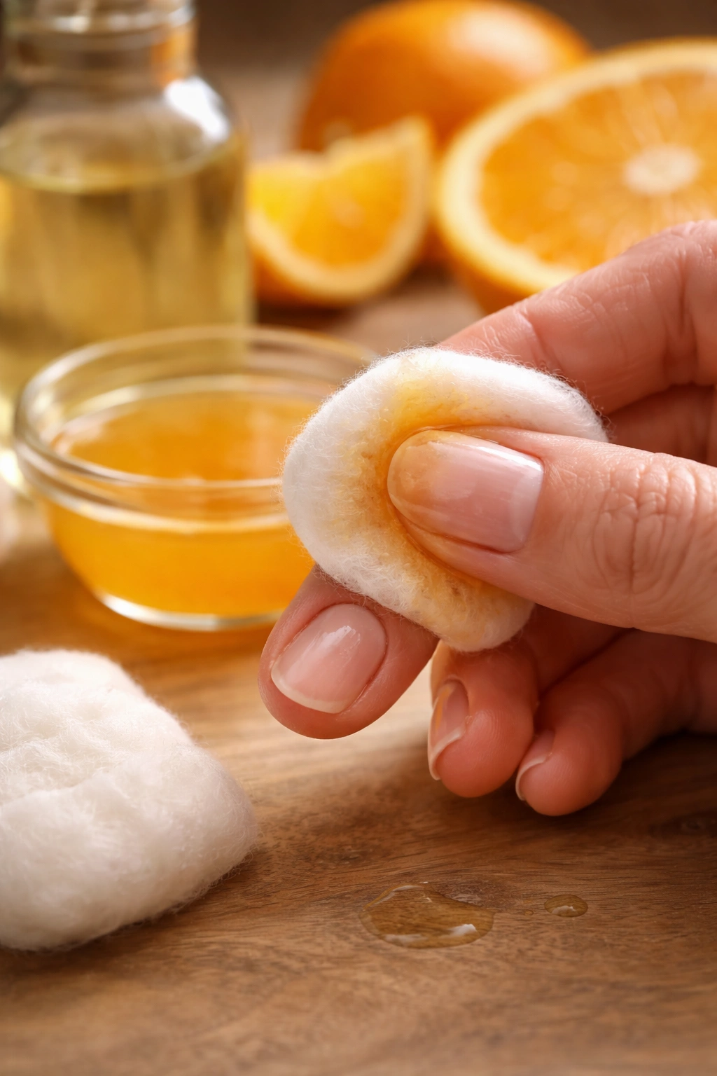 Nail with cotton ball soaked in pale amber liquid on the surface.