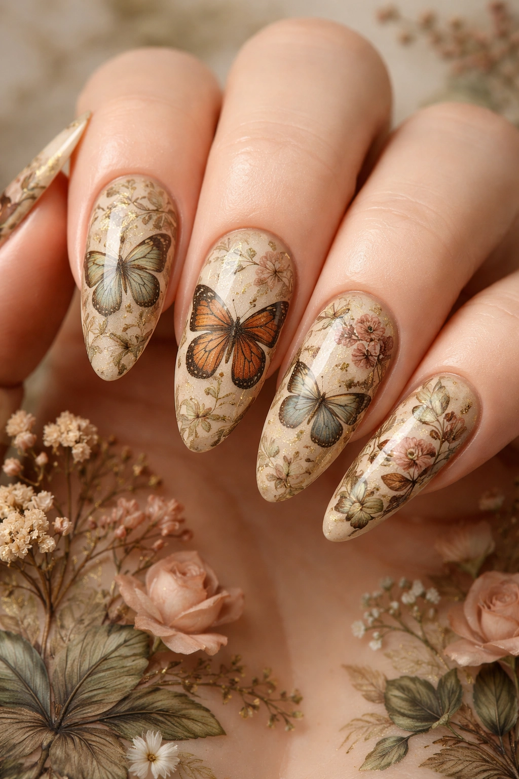 Nails with vintage botanical butterfly illustration and muted tones