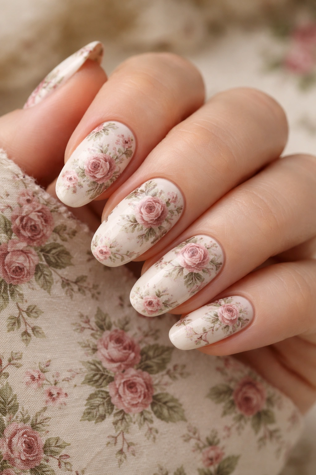 Nails with tiny vintage rose print on soft cream base