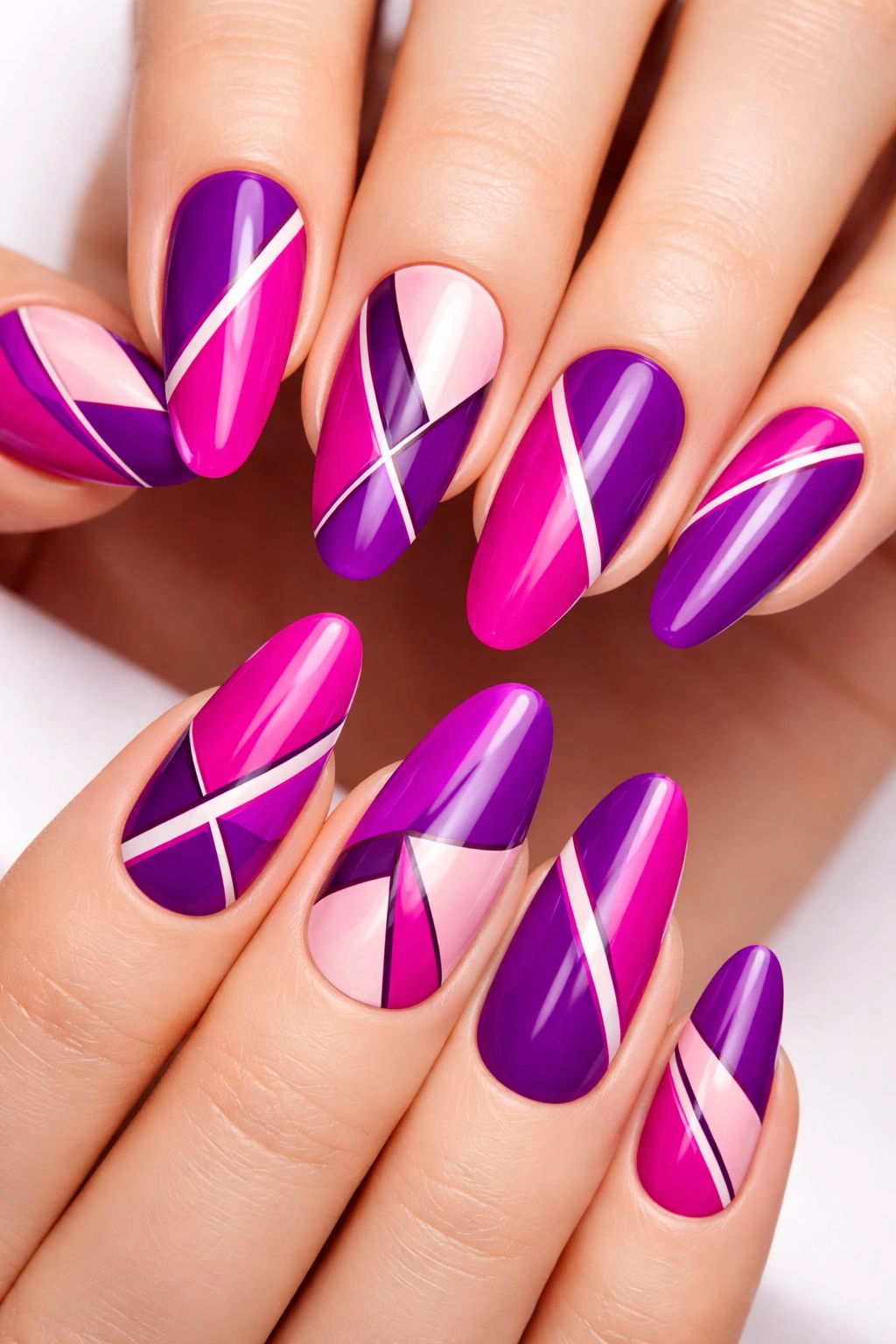 Nails with violet and fuchsia geometric patterns