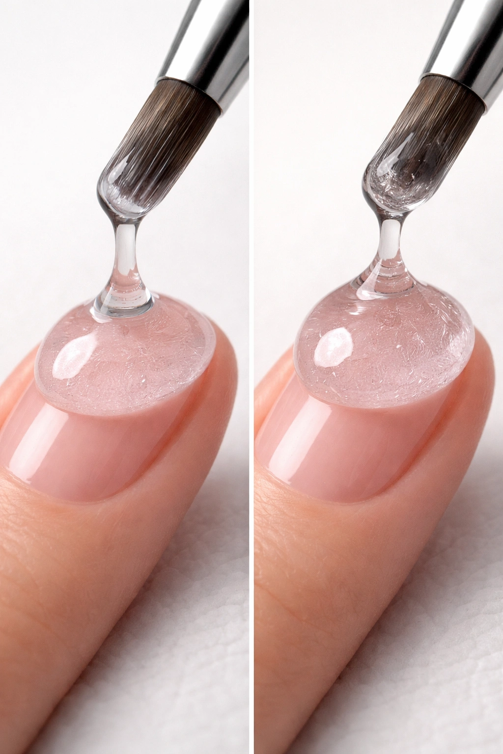 Two gel beads on a swatch demonstrating thin vs thick viscosity