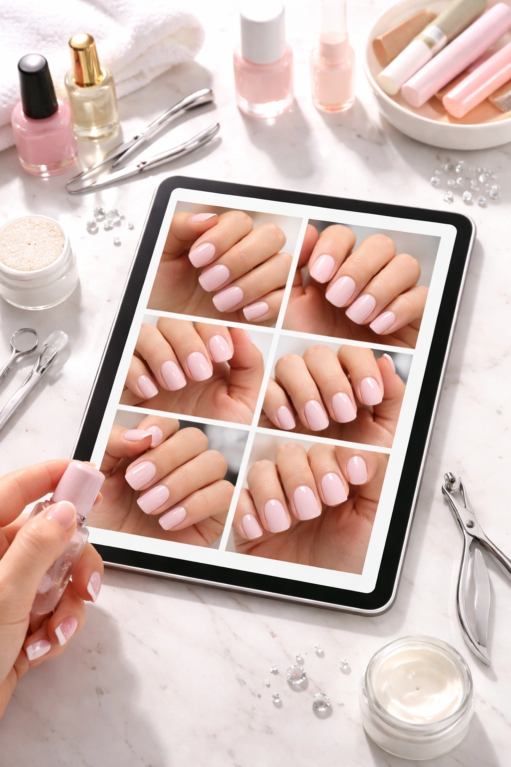 Overhead view of tablet with nail reference images for squoval shapes