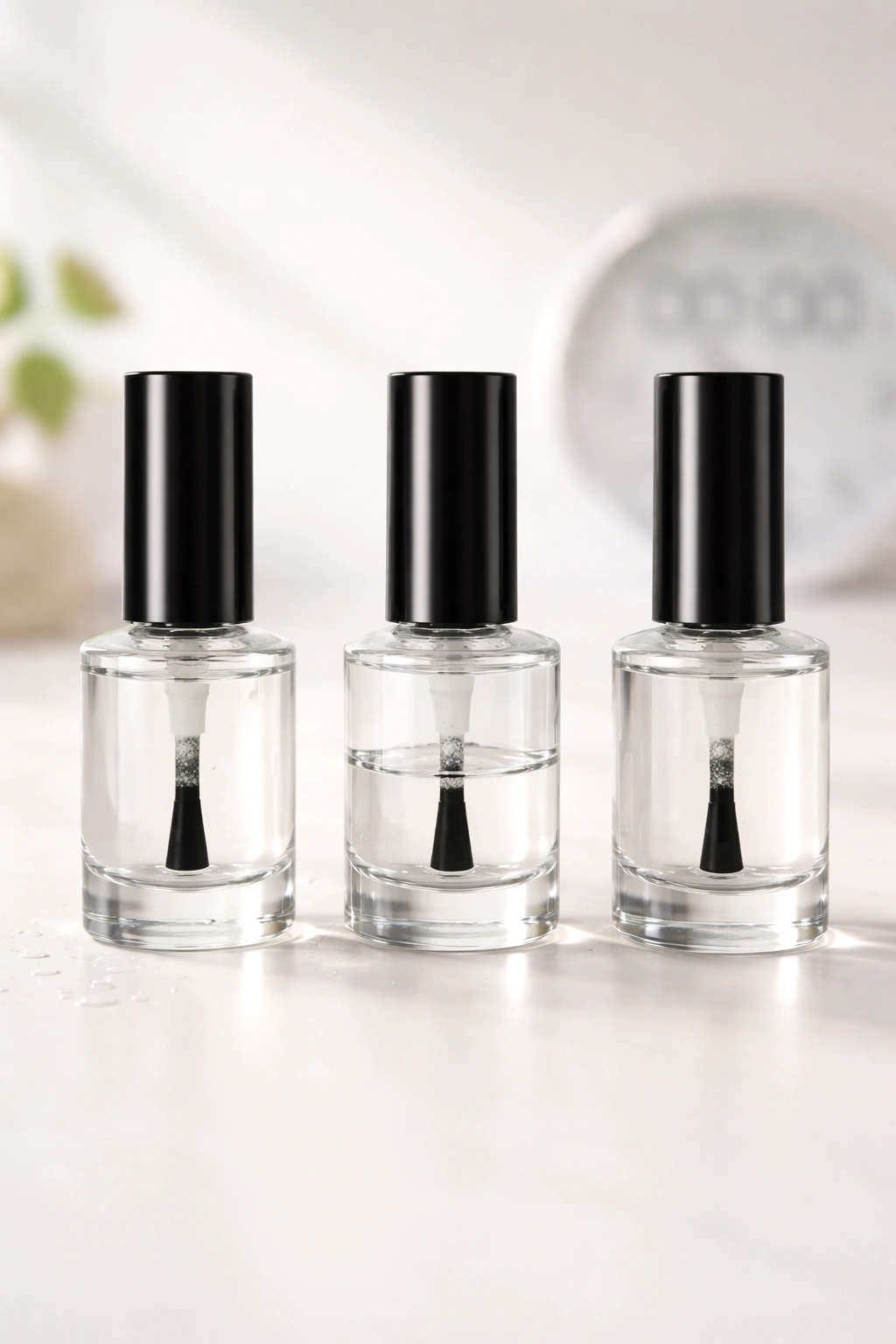 Three polish bottles spaced apart to imply waiting between coats