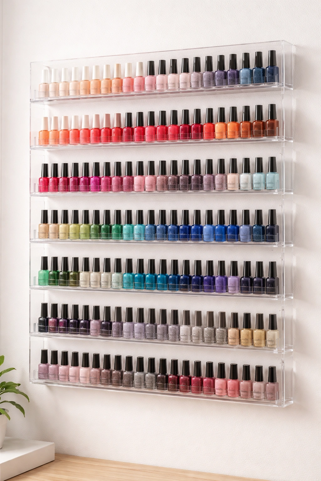 Wall-mounted acrylic rack with nail polish bottles in color blocks