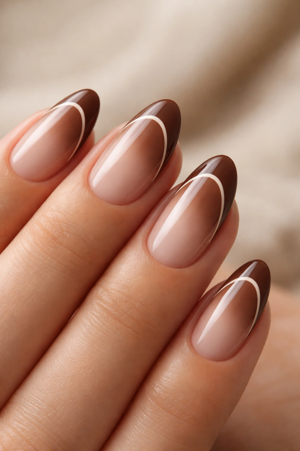 Close-up of short almond nails with deep walnut tips and a fine ivory inner line.