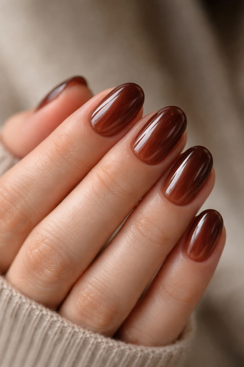 Close-up of short oval walnut brown nails with glossy jelly finish