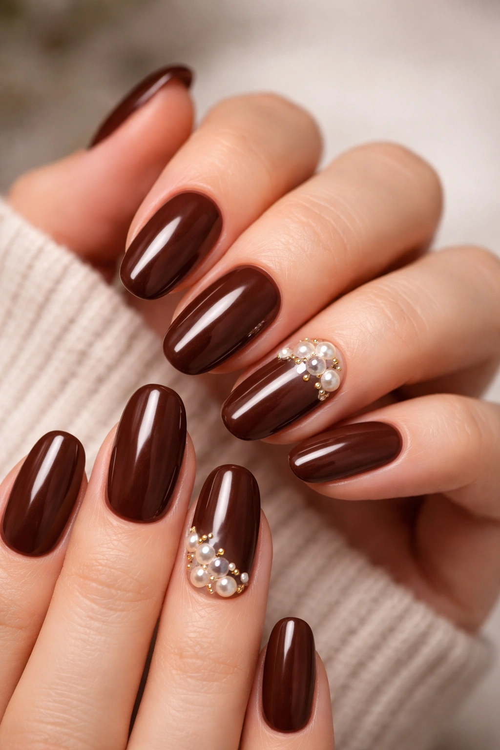 Close-up of walnut brown nails with pearl accents on a neutral background