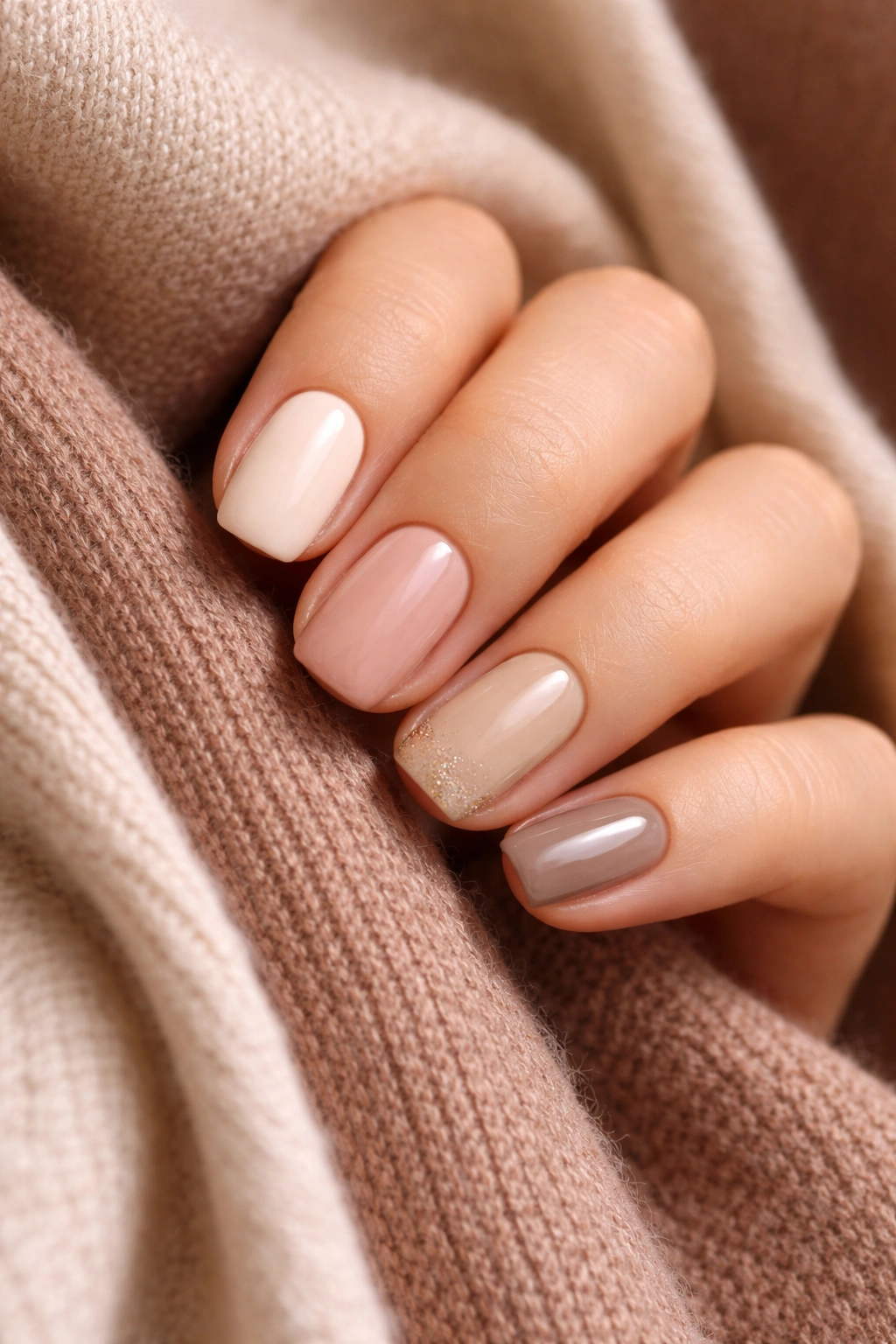 Close-up of short squoval nails against wardrobe fabric textures