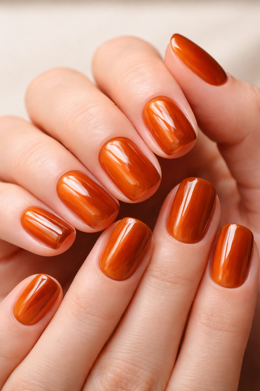 Close-up of short squoval nails in warm amber with depth and glossy finish