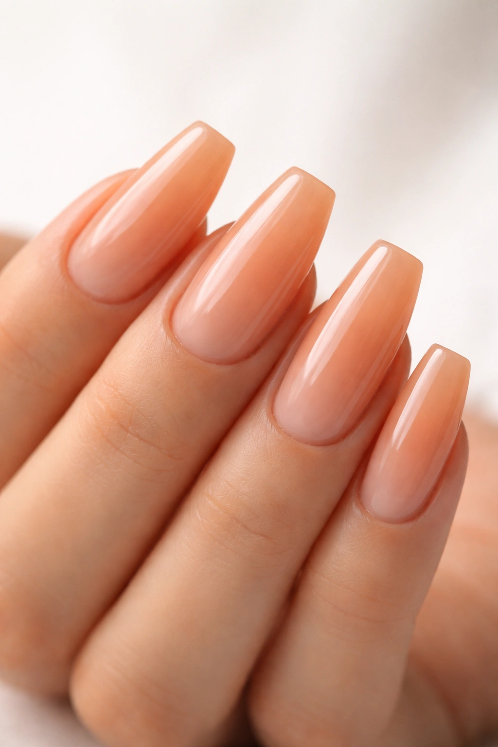 Close-up nails with warm apricot semi-sheer finish on coffin nails