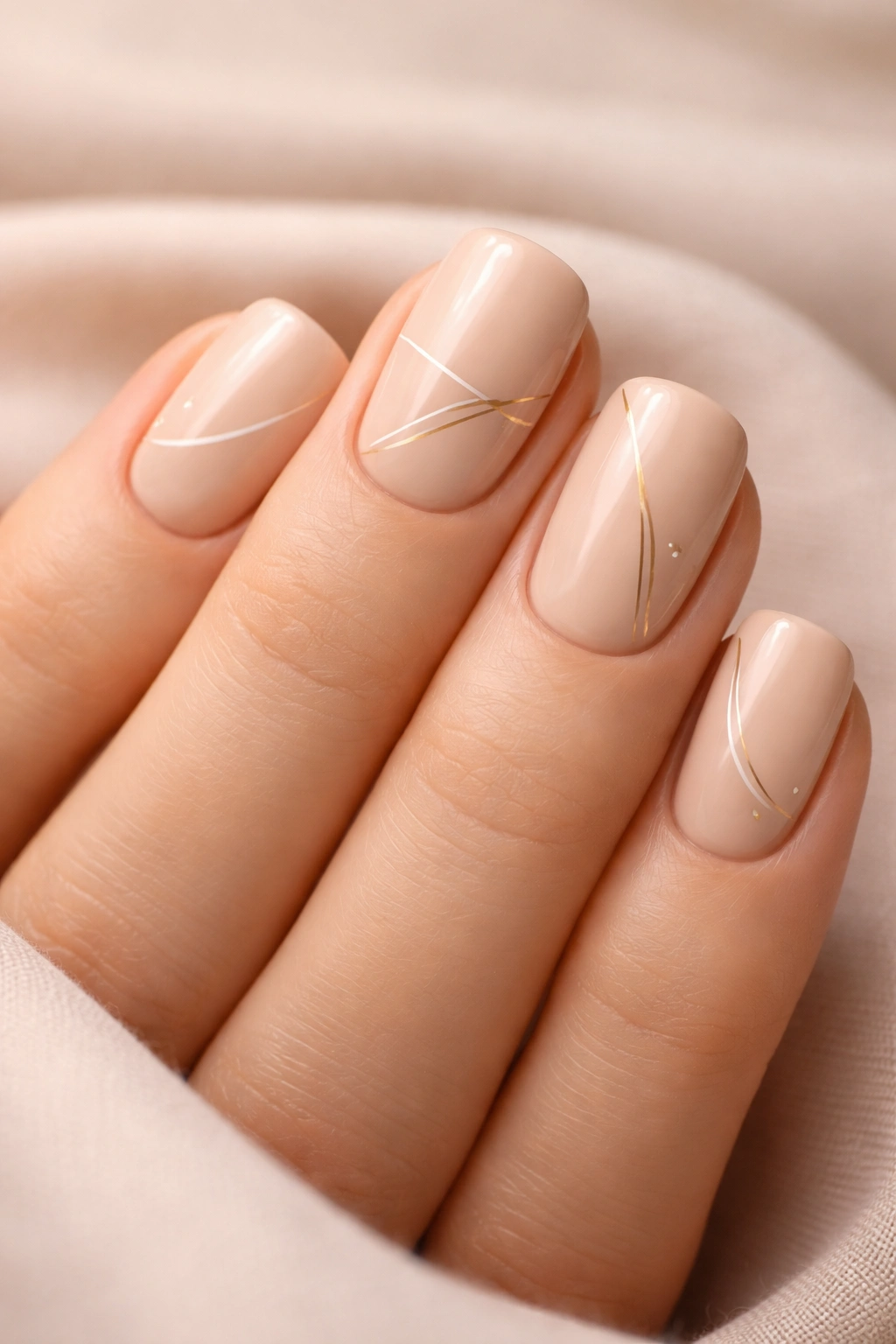 Close-up of short squoval nails in warm beige with minimalist line art