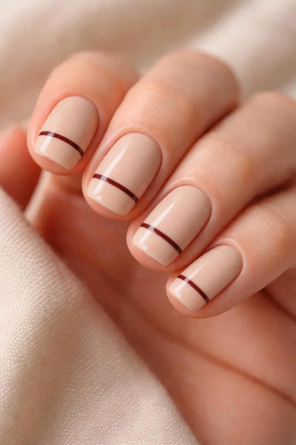 Close-up of short squoval nails with warm beige polish and a thin burgundy line