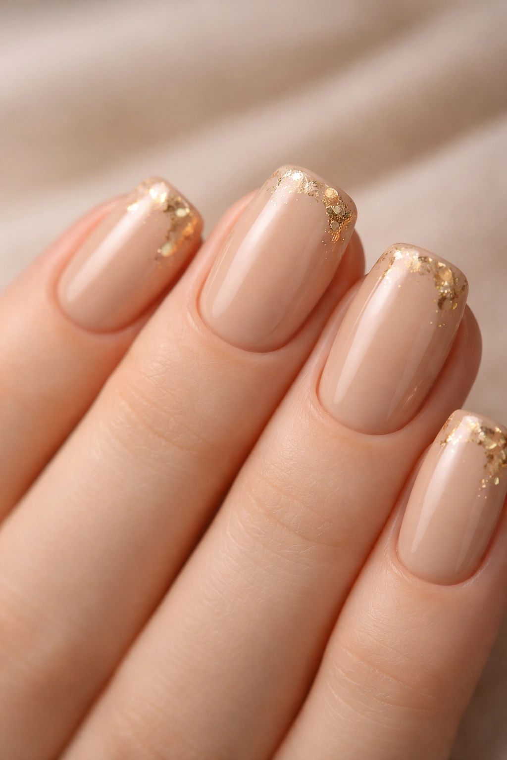 Warm beige nails with subtle gold leaf detail on short soft square nails