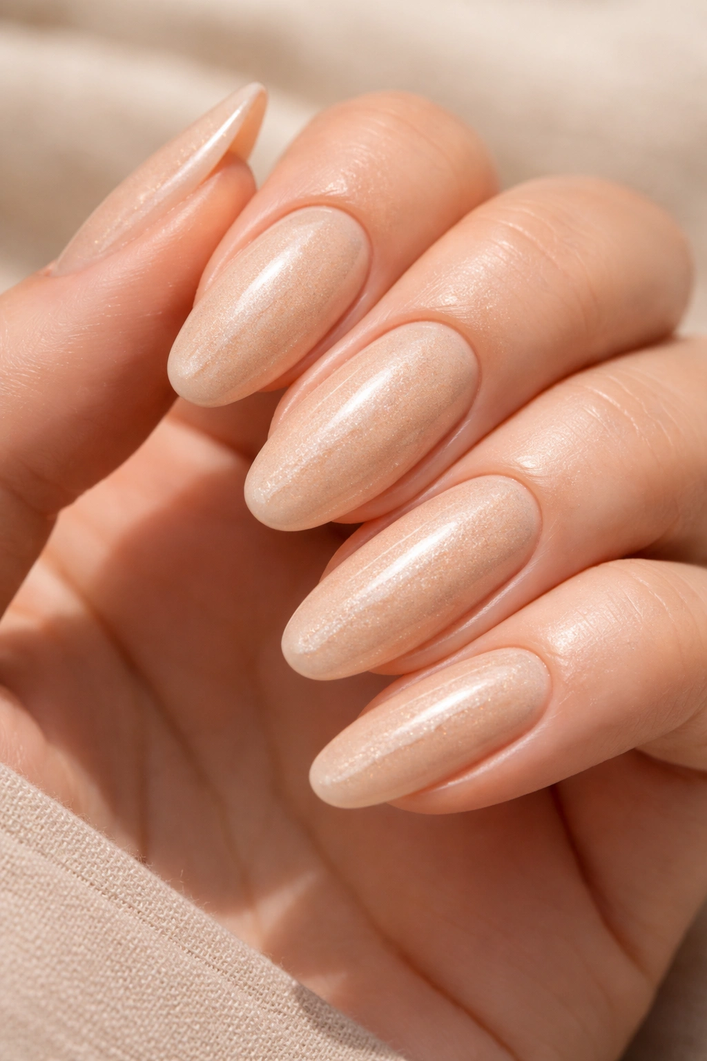 Warm beige oval nails with micro-shimmer under soft studio light