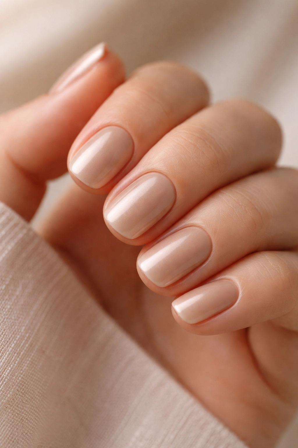Close-up of short squoval nails in warm beige satin finish on a bare hand