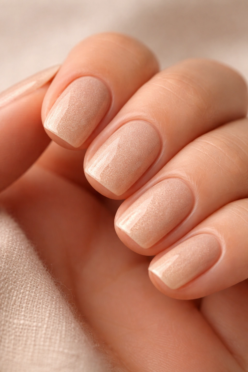 Close-up of short squoval nails in warm beige with subtle texture