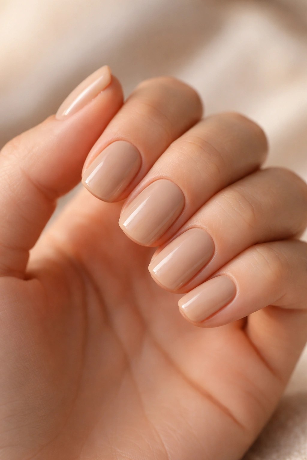 Short squoval nails in warm beige with soft nude undertone