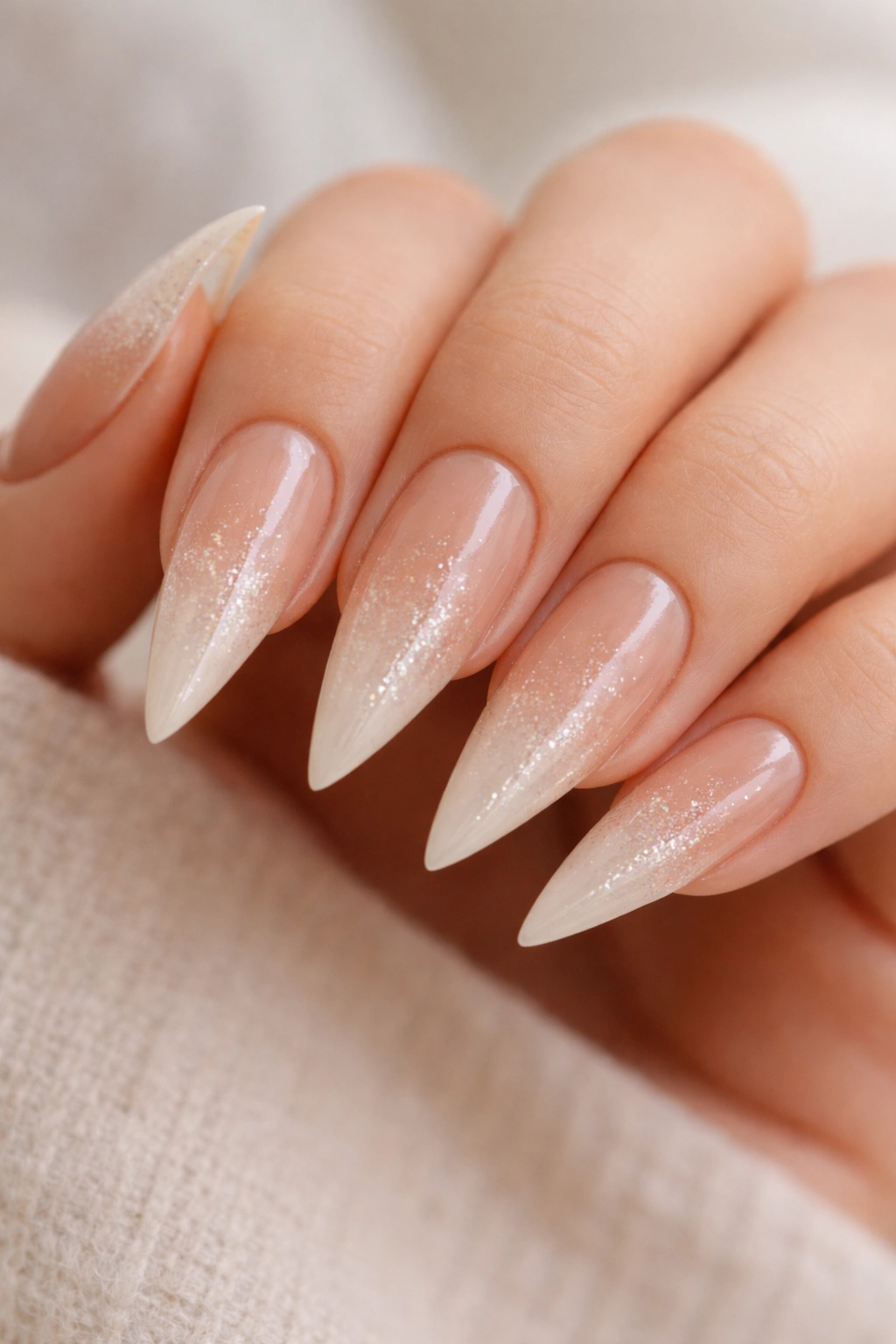 Beige to ivory ombre stiletto nails with micro-glitter fade