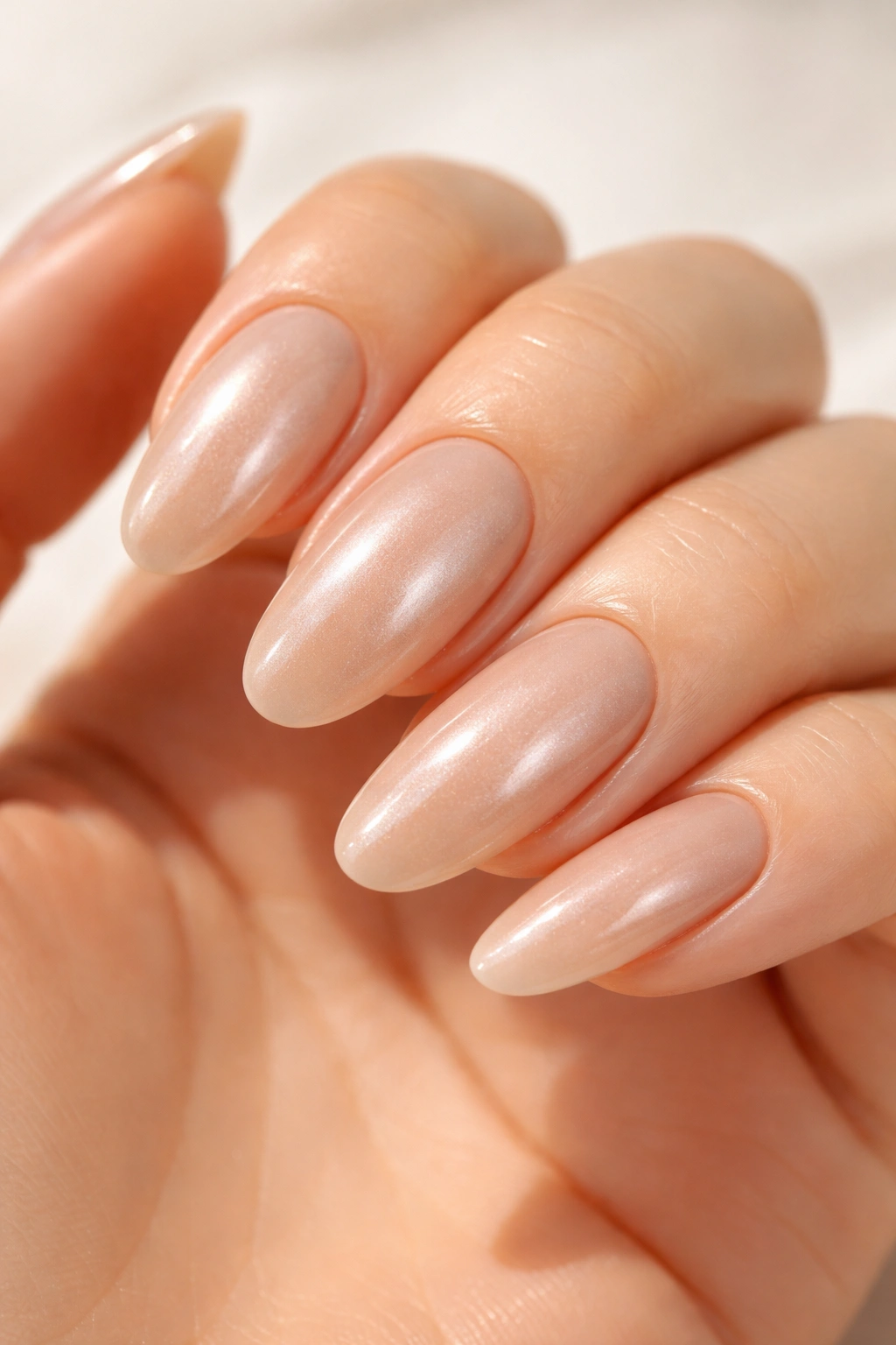 Close-up of warm beige nails with a subtle pearl sheen