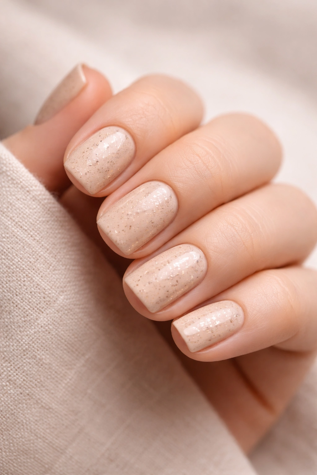 Close-up of warm beige nails with delicate speckled pattern on short squoval nails