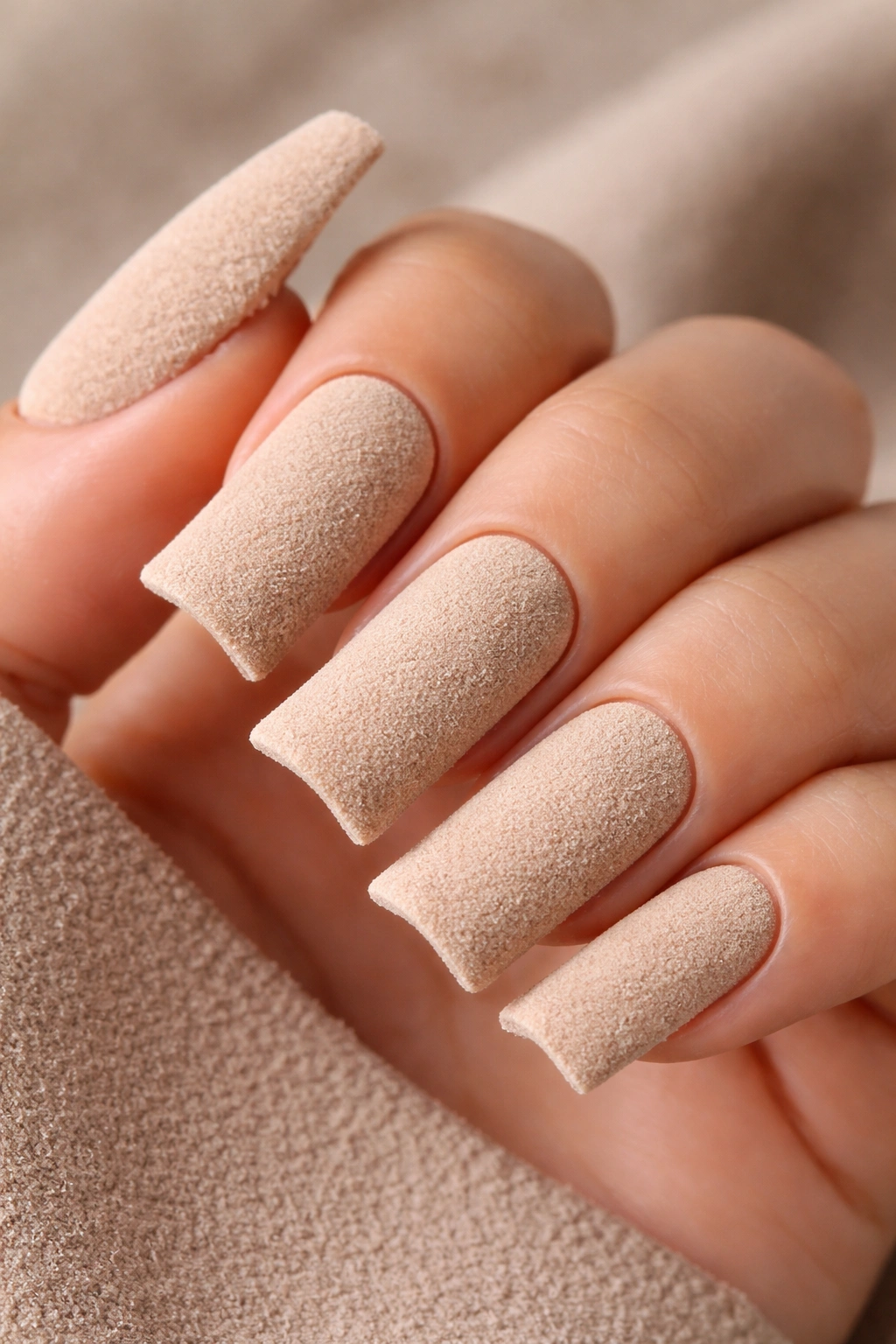 Close-up of warm beige duck nails with textured surface